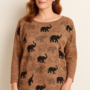 Pink Berry Elephant Print Brown Long Sleeve Shirt Medium Boho Casual